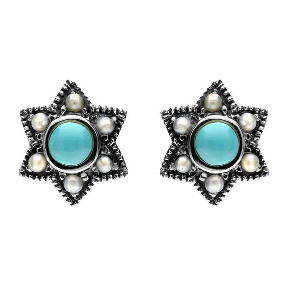 Sterling Silver Turquoise Pearl 6 Point Star Stud Earrings. E1638.