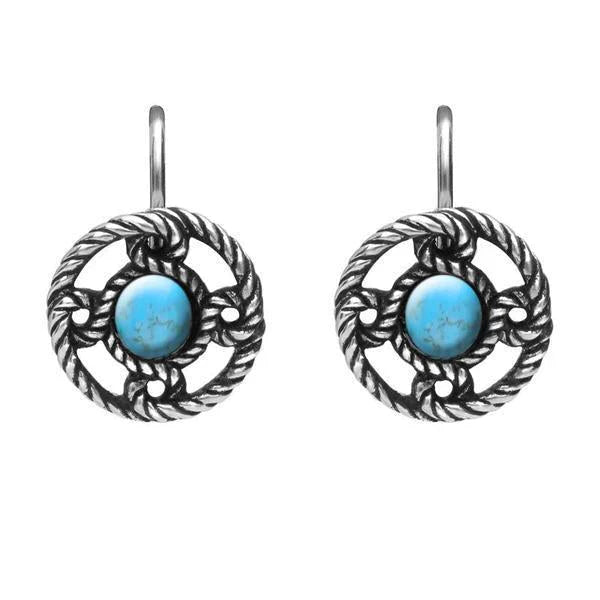 Sterling Silver Turquoise Rope Edge Port Hole Drop Earrings, E1621.