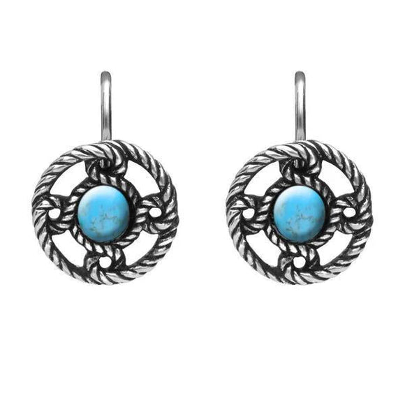Sterling Silver Turquoise Rope Edge Port Hole Drop Earrings, E1621.