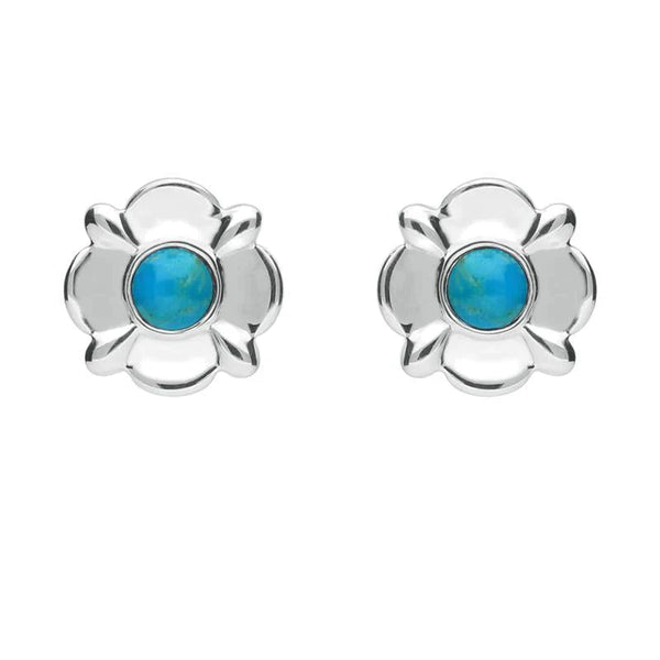 Sterling Silver Turquoise Round Four Petal Flower Stud Earrings E1624