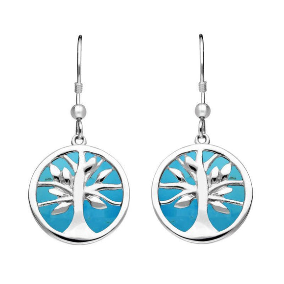 Sterling Silver Turquoise Round Tree of Life Drop Earrings E2485