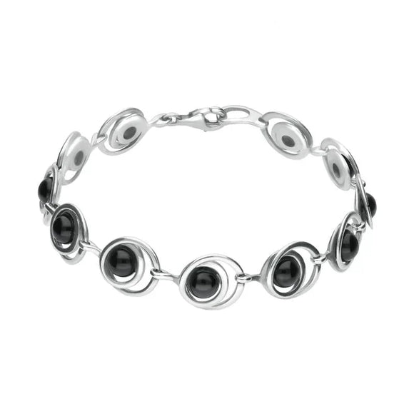 Sterling Silver Whitby Jet 11 Stone Round Swirl Bracelet, B1019