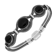 Sterling Silver Whitby Jet 3 Stone Round Foxtail Bracelet. B975