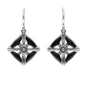 Sterling Silver Whitby Jet 4 Stone Square Cross Drop Earrings. E1954