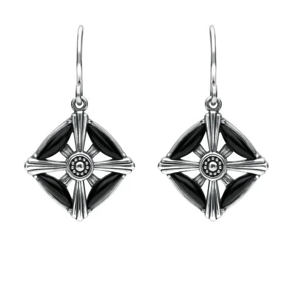 Sterling Silver Whitby Jet 4 Stone Square Cross Drop Earrings. E1954