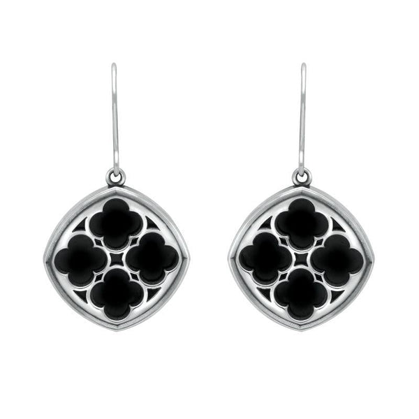 Sterling Silver Whitby Jet Abbey Large Cushion Window Drop Earrings. E2107.