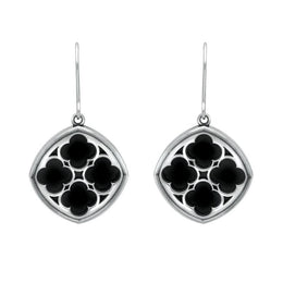 Sterling Silver Whitby Jet Abbey Large Cushion Window Drop Earrings. E2107.