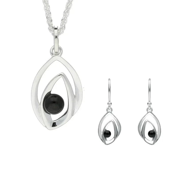 Sterling Silver Whitby Jet Abstract Flame Two Piece Set