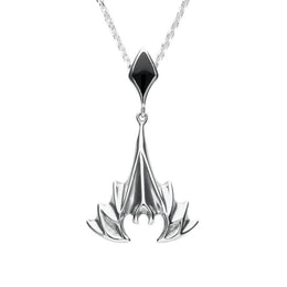 Sterling Silver Whitby Jet Abstract Upside Down Bat Necklace. P1975