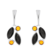 Sterling Silver Whitby Jet Amber Four Stone Leaf Drop Two Piece Set. S047 earrings