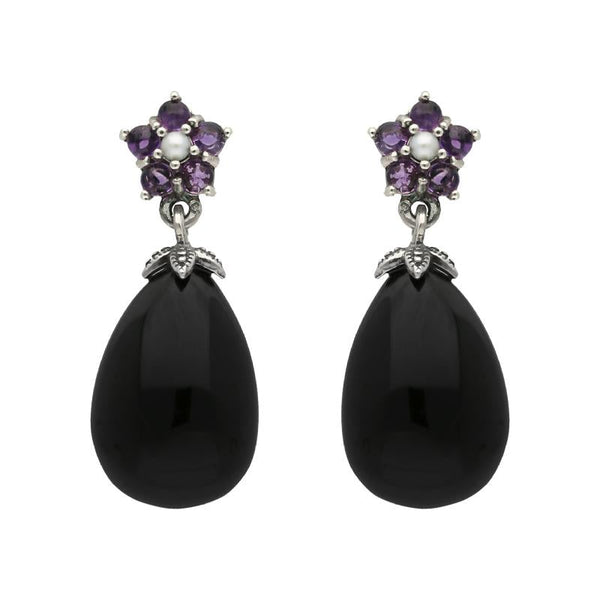 Sterling Silver Whitby Jet Amethyst Pearl Flower Drop Earrings E1701