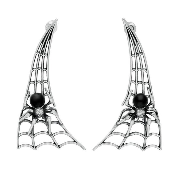 Sterling Silver Whitby Jet Articulated Spider Web Drop Earrings. E2100.