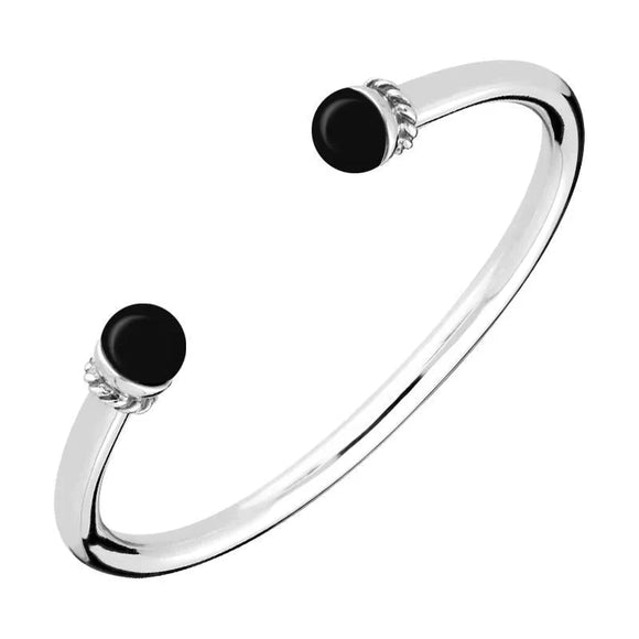 Sterling Silver Whitby Jet Bead Twist Bangle. B724.