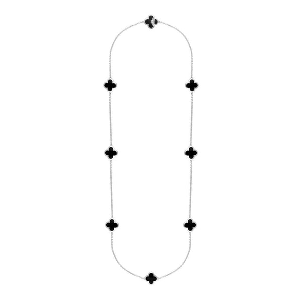 Sterling Silver Whitby Jet Bloom Eight Stone Four Leaf Clover Chain Necklet, N1042