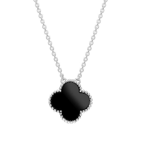 Sterling Silver Whitby Jet Bloom Large Four Leaf Clover Ball Edge Chain Necklet, N1043