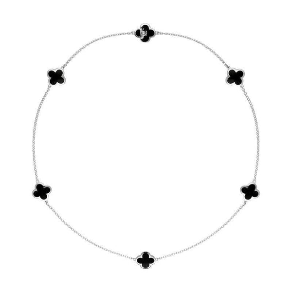 Sterling Silver Whitby Jet Bloom Six Stone Four Leaf Clover Chain Necklet, N1041