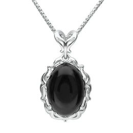 Sterling Silver Whitby Jet Carved Oval Necklace, P2742