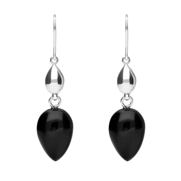 Sterling Silver Whitby Jet Carved Pear Bead Drop Hook Earrings E1530