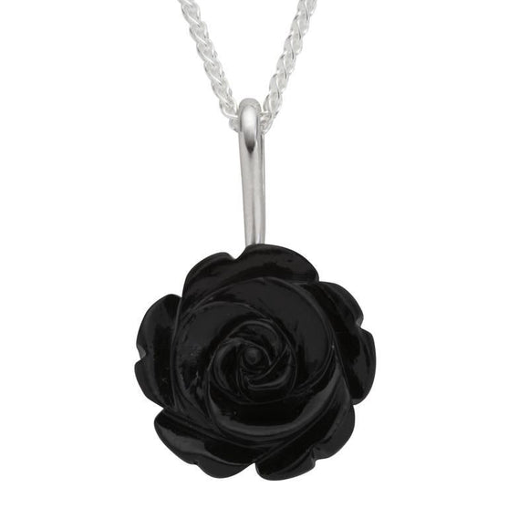 Sterling Silver Whitby Jet Carved Rose Two Piece Set