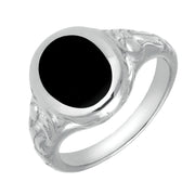 Sterling Silver Whitby Jet Carved Shoulder Oval Signet Ring. R099