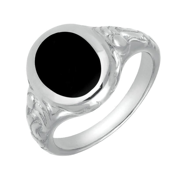 Sterling Silver Whitby Jet Carved Shoulder Oval Signet Ring. R099