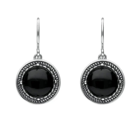 Sterling Silver Whitby Jet Circle Stone Oxidised Drop Earrings. E1927