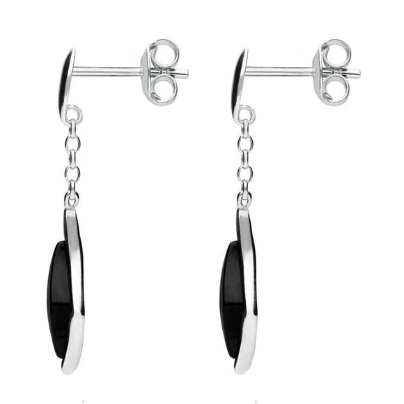Sterling Silver Whitby Jet Curved Diamond Shape Chain Drop Earrings E1812 side