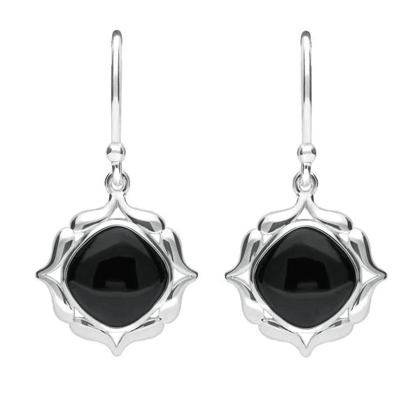 Sterling Silver Whitby Jet Cushion Fancy Edged Drop Earrings E2315