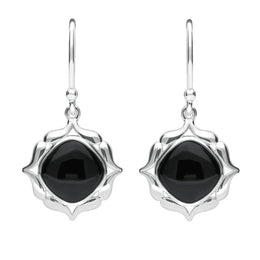 Sterling Silver Whitby Jet Cushion Fancy Edged Drop Earrings E2315