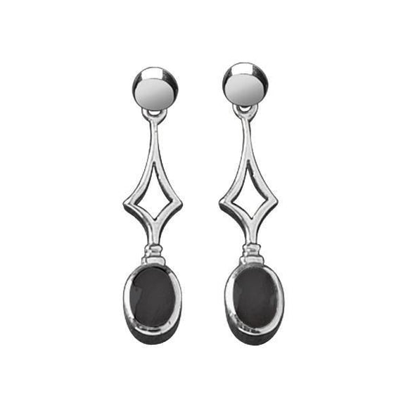 Sterling Silver Whitby Jet Diamond Shape Oval Drop Earrings. E143