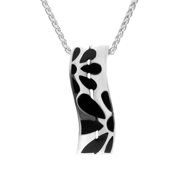 Sterling Silver Whitby Jet Flower Pattern Wavy Oblong Necklace P1250