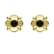 9ct Yellow Gold Whitby Jet Four Petal Flower Stud Earrings. E1624.