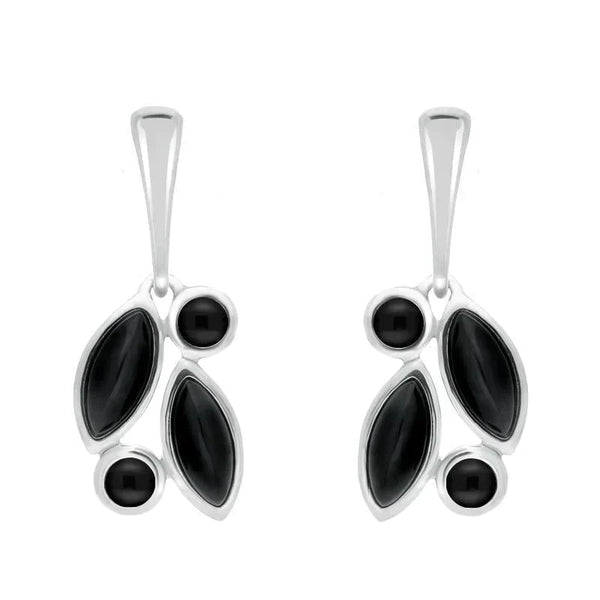 Sterling Silver Whitby Jet Four Stone Leaf Drop Earrings E1803