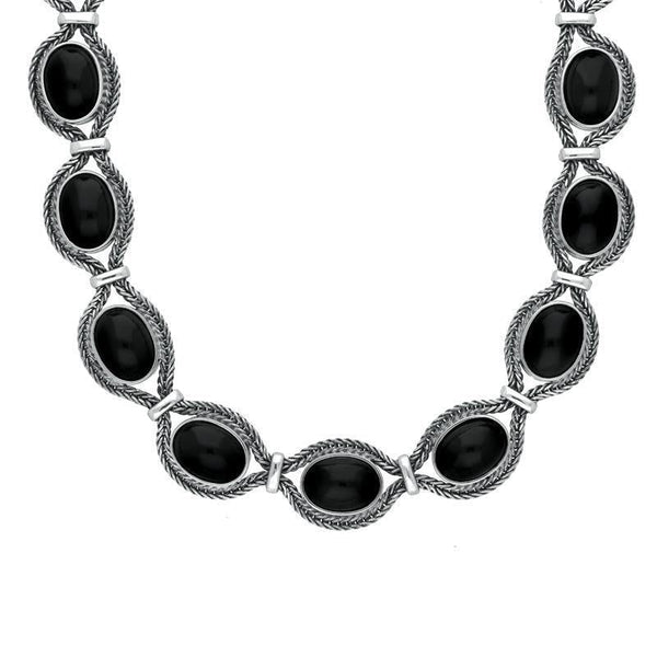 Sterling Silver Whitby Jet Foxtail Oval Fifteen Stone Necklace D