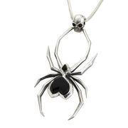 Sterling Silver Whitby Jet Gothic Spider Skull Necklace, P2038C.