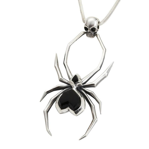 Sterling Silver Whitby Jet Gothic Spider Skull Necklace, P2038C.