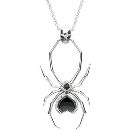 Sterling Silver Whitby Jet Gothic Spider Skull Necklace, P2038C.