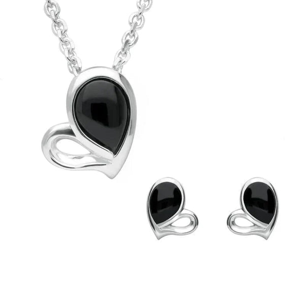 Sterling Silver Whitby Jet Half Filled Heart Two Piece Set