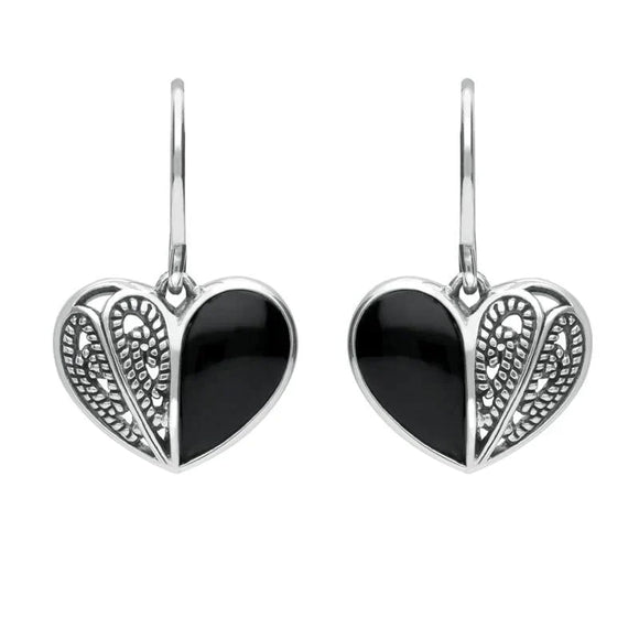 Sterling Silver Whitby Jet Half Stone Heart Hook Earrings E1940