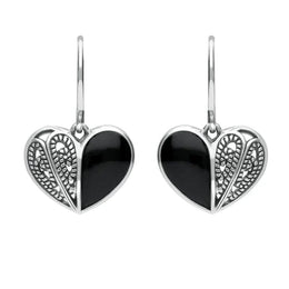 Sterling Silver Whitby Jet Half Stone Heart Hook Earrings E1940