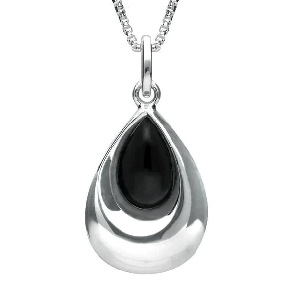 Sterling Silver Whitby Jet Half Stone Tear Drop Necklace, P2560.