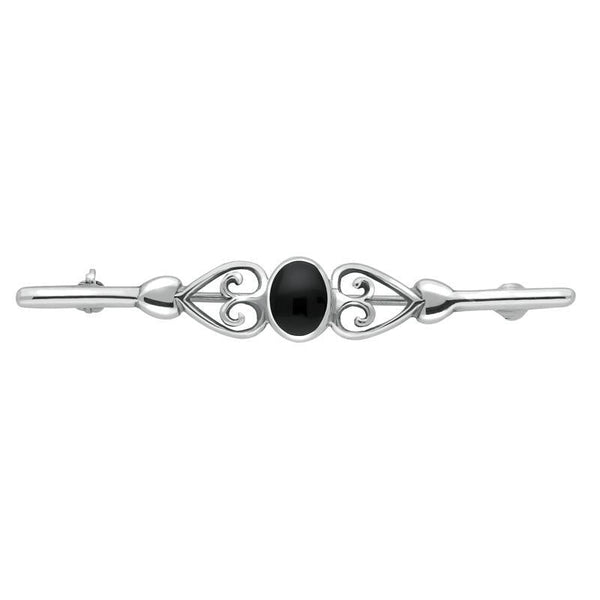 Sterling Silver Whitby Jet Heart Bar Brooch. M021.