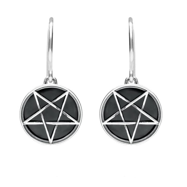 Sterling Silver Whitby Jet Inverse Pentagram Drop Earrings, E1412.