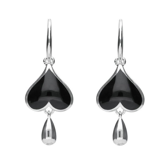 Sterling Silver Whitby Jet Heart Teardrop Hook Earrings. E2018.