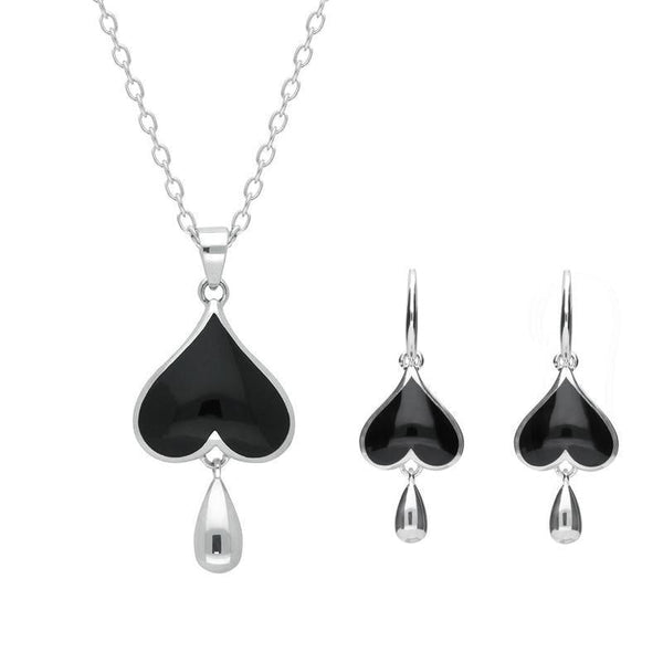 Sterling Silver Whitby Jet Inverted Heart Two Piece Set. S020