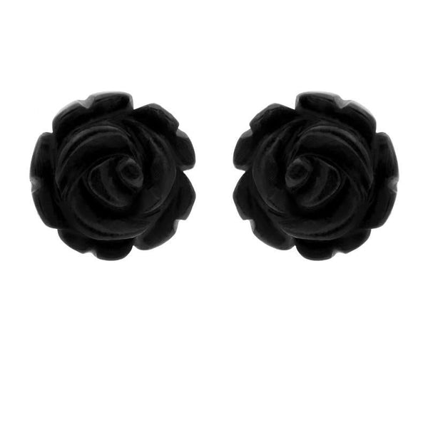 Sterling Silver Whitby Jet Large Rose Stud Earrings, E2150.