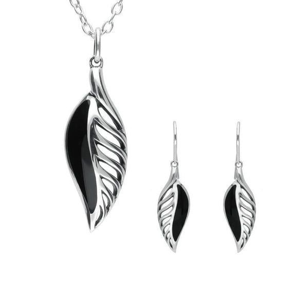 Sterling Silver Whitby Jet Leaf Drop Two Piece Set. S023