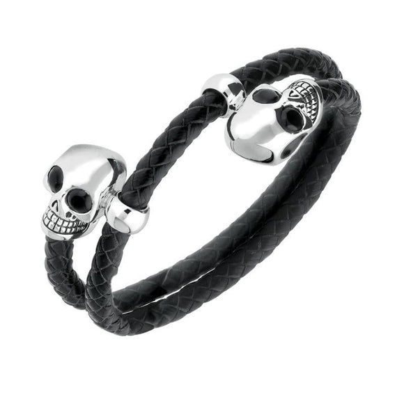 Sterling Silver Whitby Jet Leather Skull Bracelet, B1135