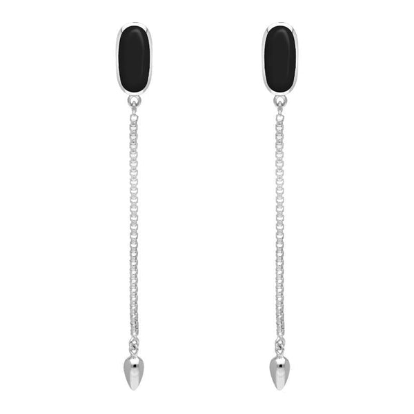 Sterling Silver Whitby Jet Lineaire Long Drop Stud Earrings. E2240.