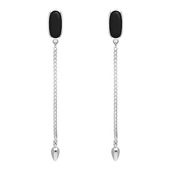Sterling Silver Whitby Jet Lineaire Long Drop Stud Earrings. E2240.